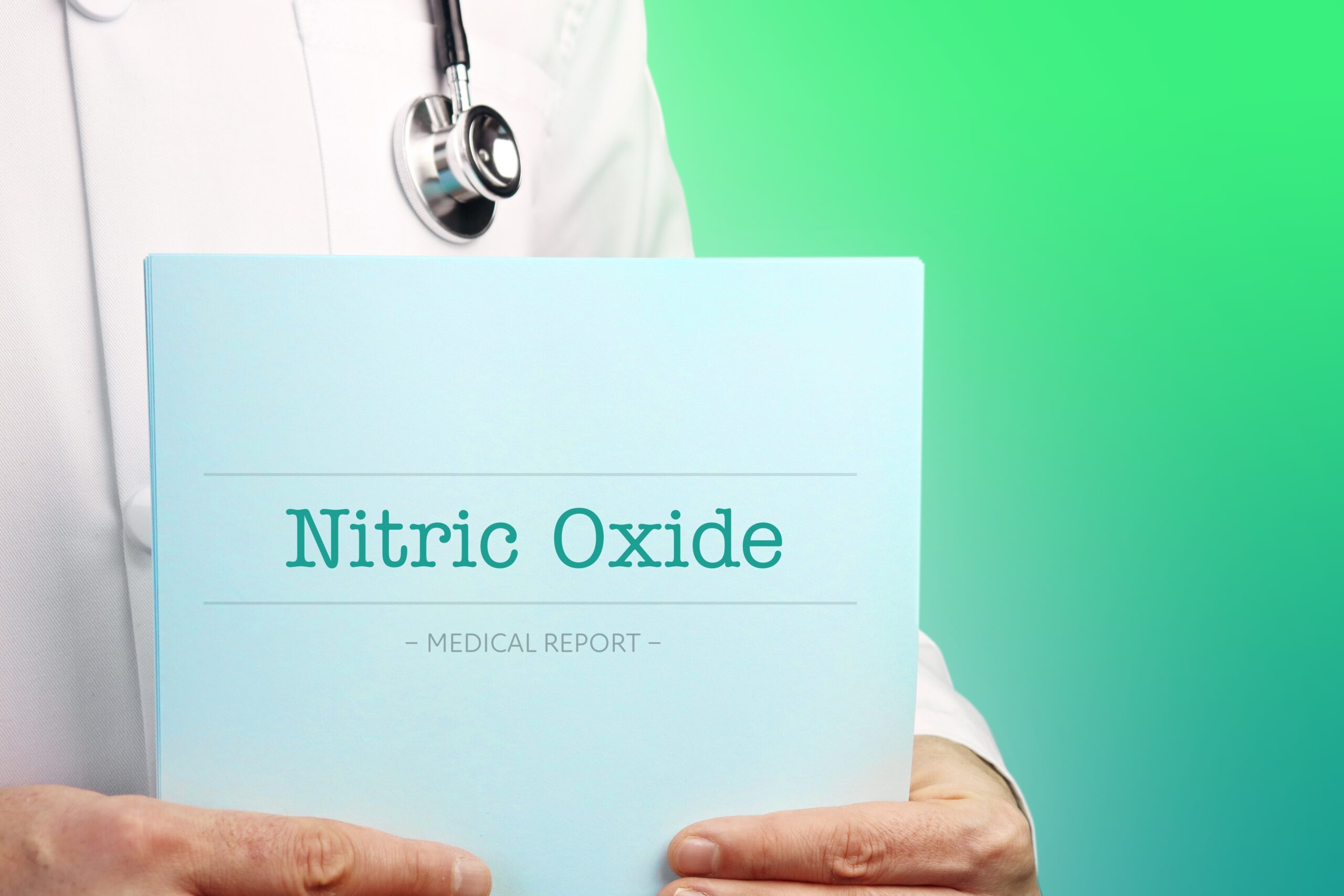Nitric Oxide. Doctor (male) with stethoscope holds medical report in his hands. Cutout. Green turquoise background. Text is on the documents. Healthcare/Medicine