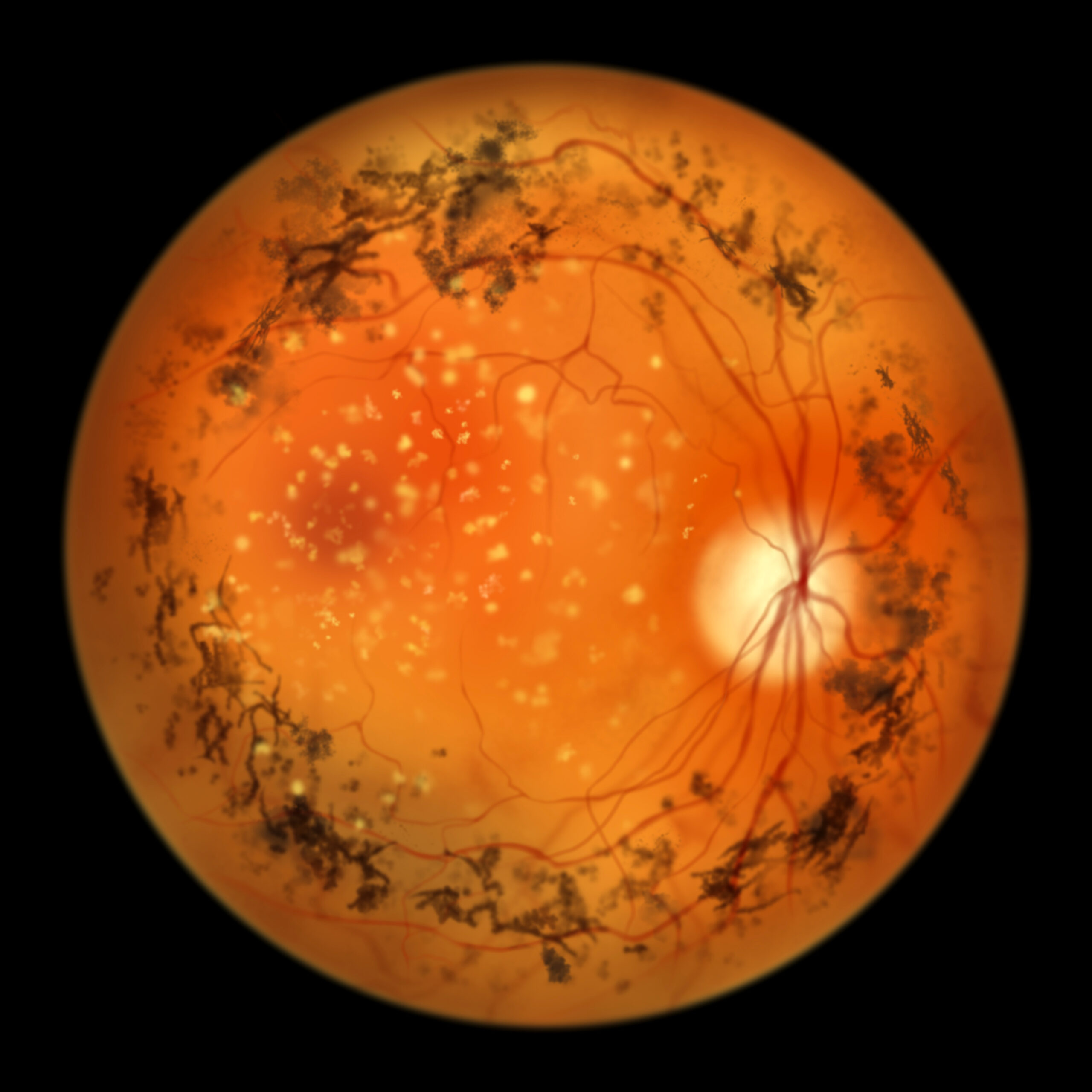 Retinitis pigmentosa, a genetic eye disease leading to vision loss. An illustration shows pigment depositis in the retina