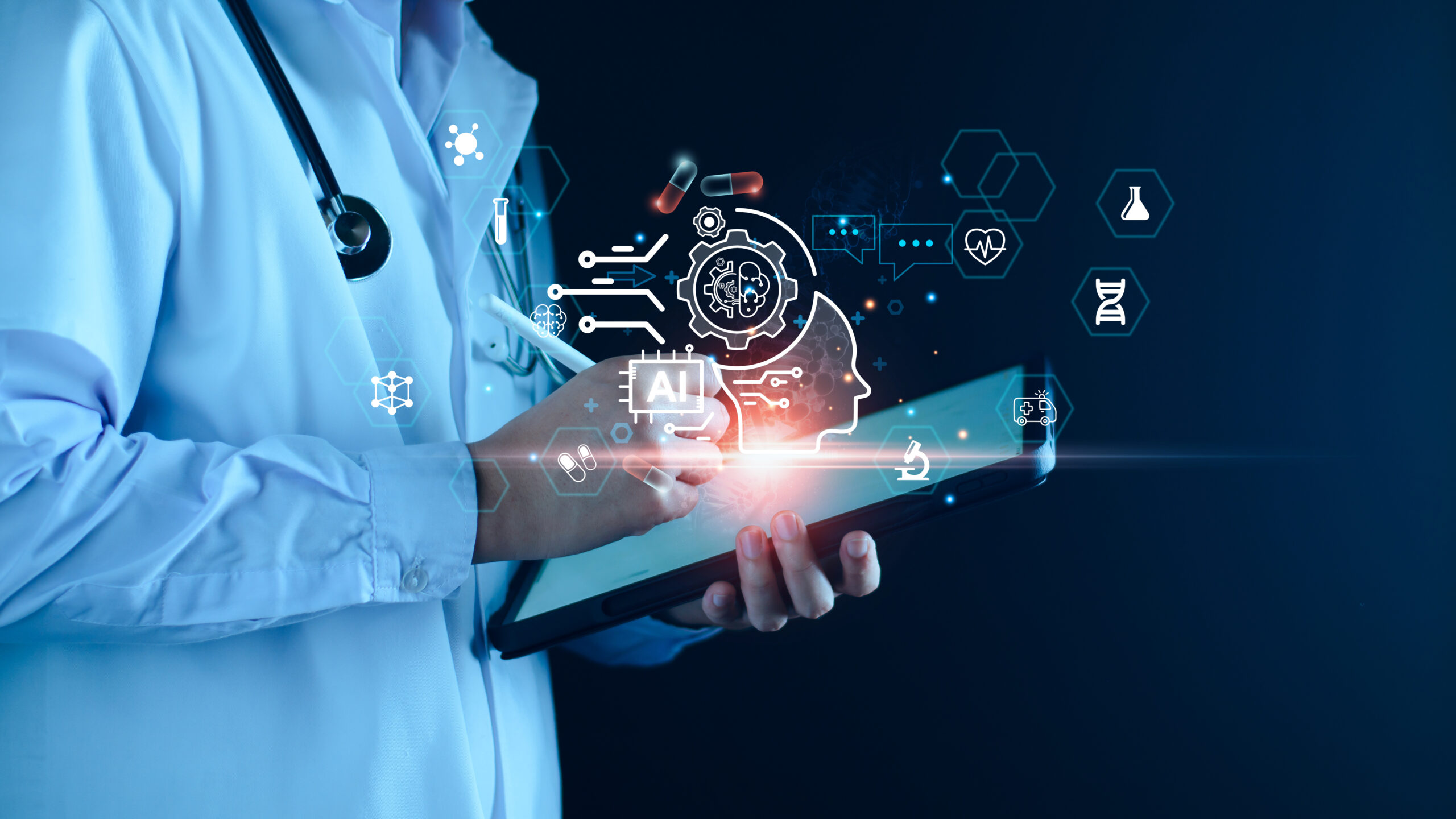 Medical technology, doctor use AI robots for diagnosis, care, and increasing accuracy patient treatment in future. Medical research and development innovation technology to improve patient health.