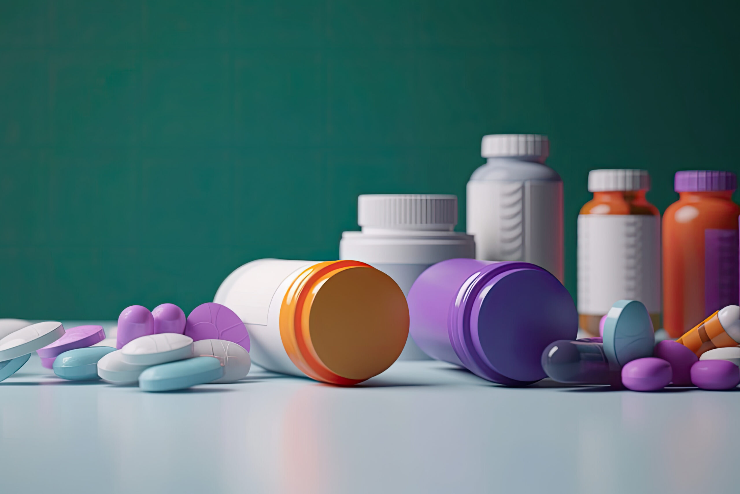 Pills is surrounded by a pile of colorful pills