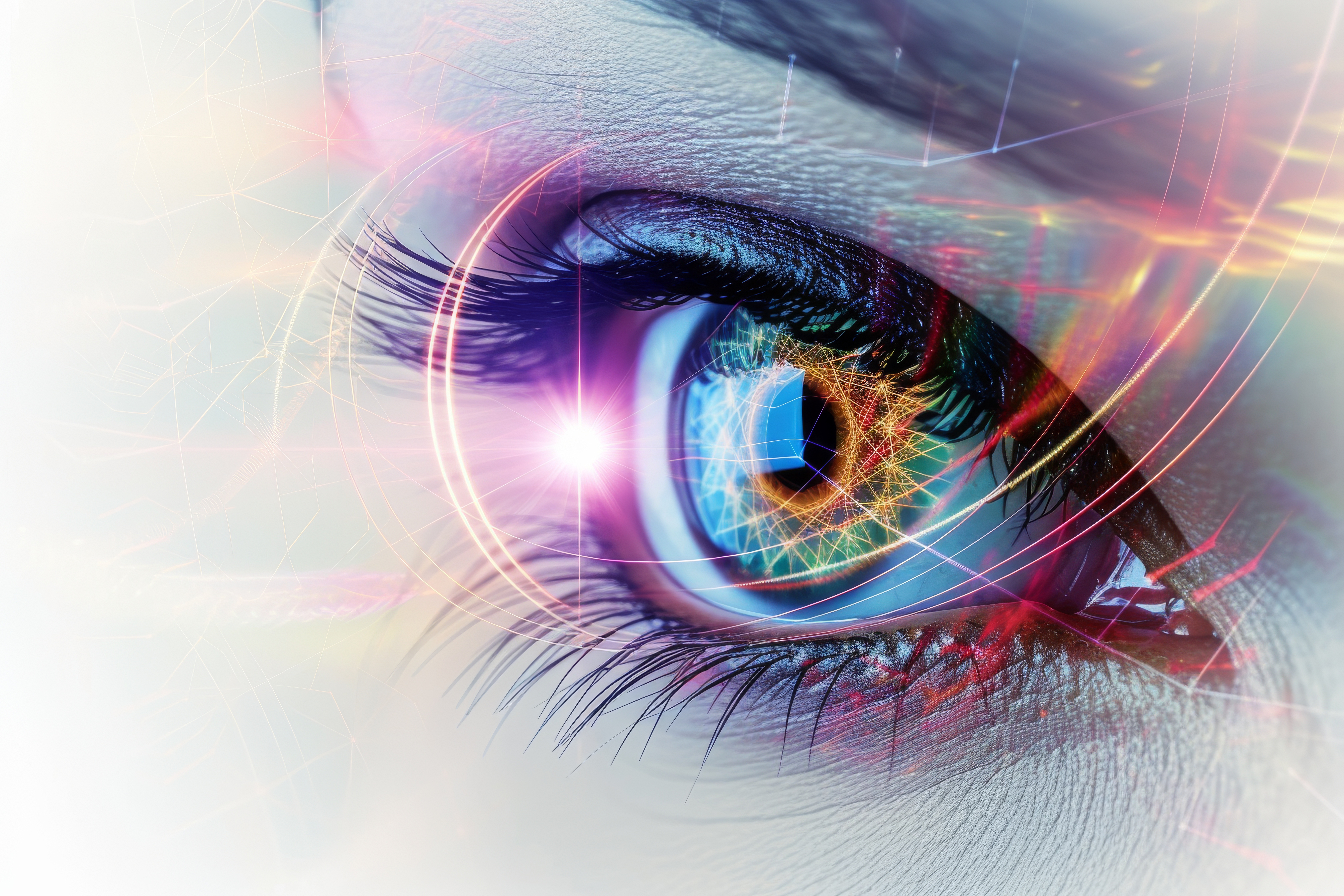 Human Cyborg AI Eye visionary insights. Eye light optic nerve lens color vision deficiency accommodation color vision. Visionary iris dry eye sight iris eyelashes
